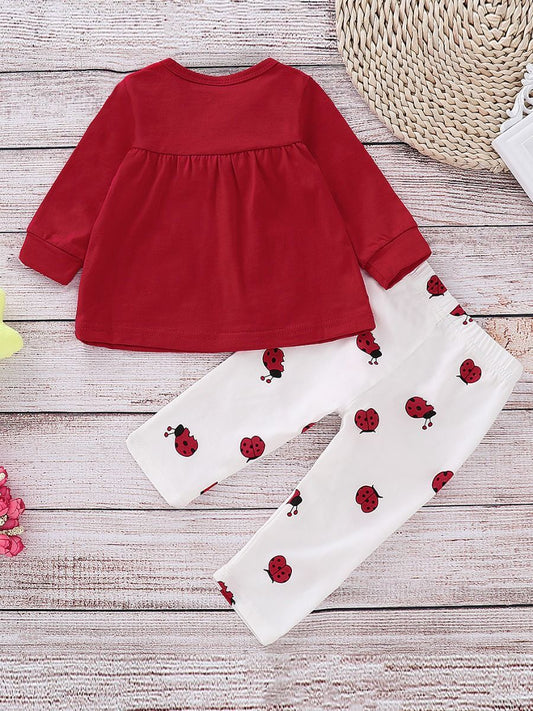 Bow Ladybird  Print Red Top+Pants 2-Piece Baby Girl Cute Outfit - dianjiang-