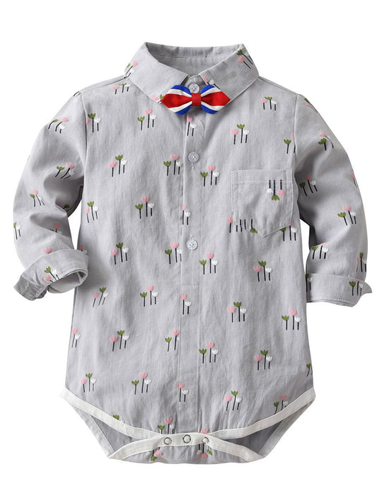 4 PCS Gentleman Style Set Bowtie Flower Print Romper Shirt and Adjustable Shoulder Straps Light Blue Overalls - dianjiang-