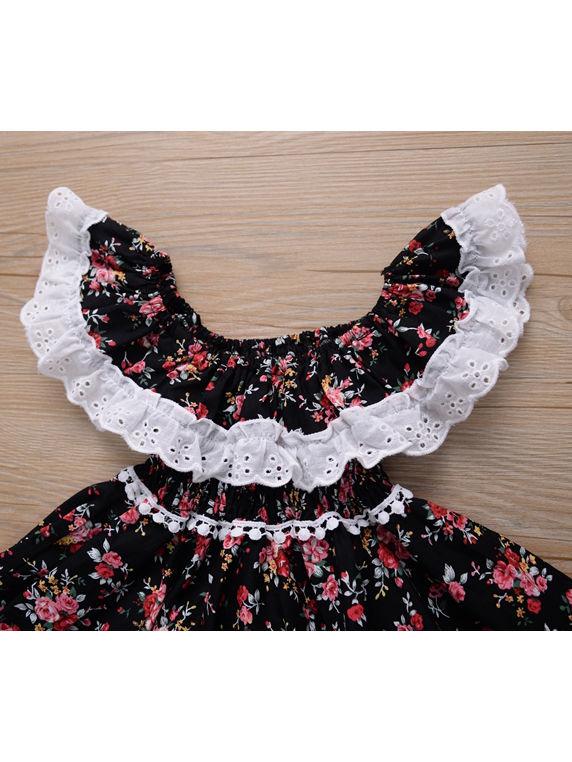 British Style Off Shoulder Lace Trim Flower Princess Dress - dianjiang-