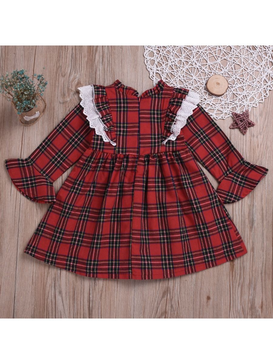 British Style Ruffled Sleeve Plaid Long-sleeved Dress - dianjiang-