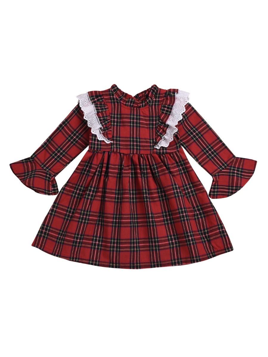 British Style Ruffled Sleeve Plaid Long-sleeved Dress - dianjiang-