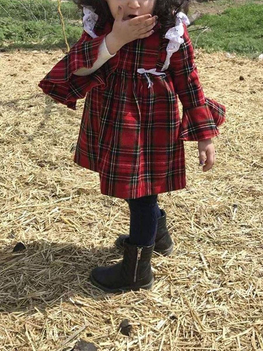 British Style Ruffled Sleeve Plaid Long-sleeved Dress - dianjiang-