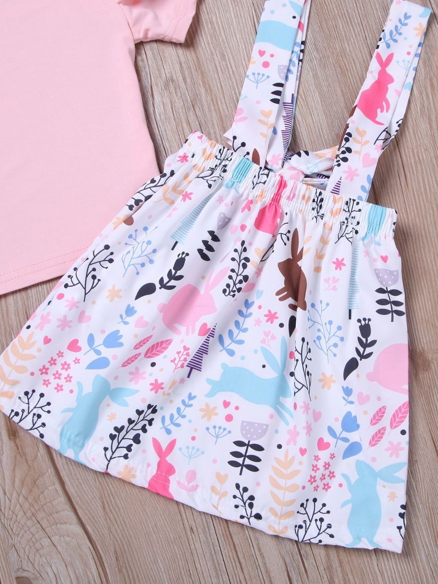 2-Piece Outfits Flutter Sleeve Pink T-shirt+Bunny Jumper Skirt for Toddler Baby Girl - dianjiang-