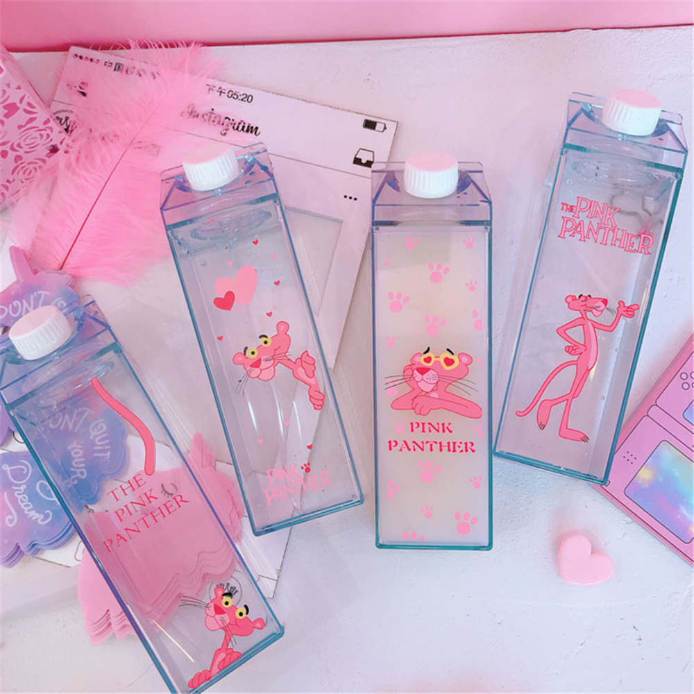 Cartoon Water Bottles Milk Box Shape Plastic Cups Students Cute Pink Panther Drink Bottle for Juice Coffee Tea Drinkware - dianjiang-