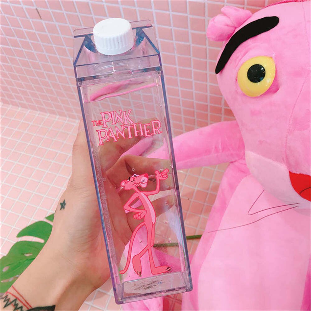 Cartoon Water Bottles Milk Box Shape Plastic Cups Students Cute Pink Panther Drink Bottle for Juice Coffee Tea Drinkware - dianjiang-