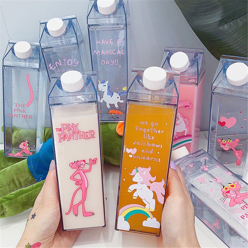 Cartoon Water Bottles Milk Box Shape Plastic Cups Students Cute Pink Panther Drink Bottle for Juice Coffee Tea Drinkware - dianjiang-