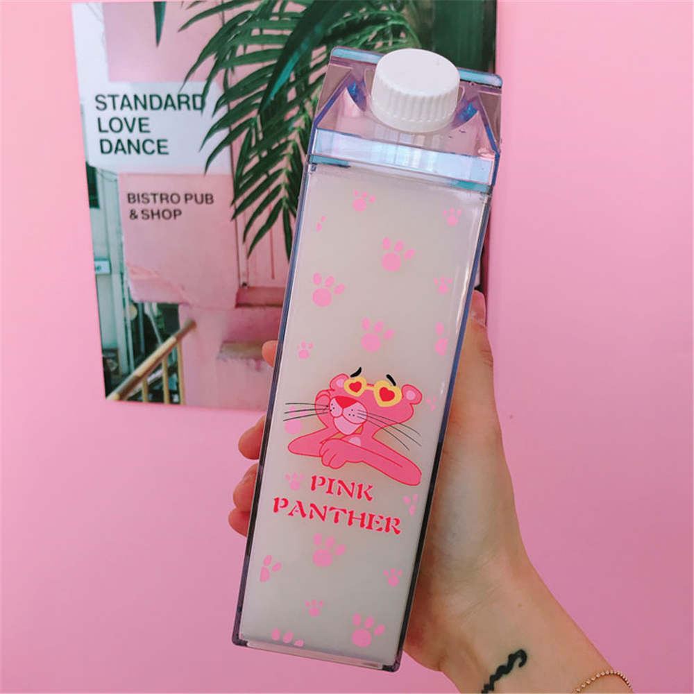 Cartoon Water Bottles Milk Box Shape Plastic Cups Students Cute Pink Panther Drink Bottle for Juice Coffee Tea Drinkware - dianjiang-