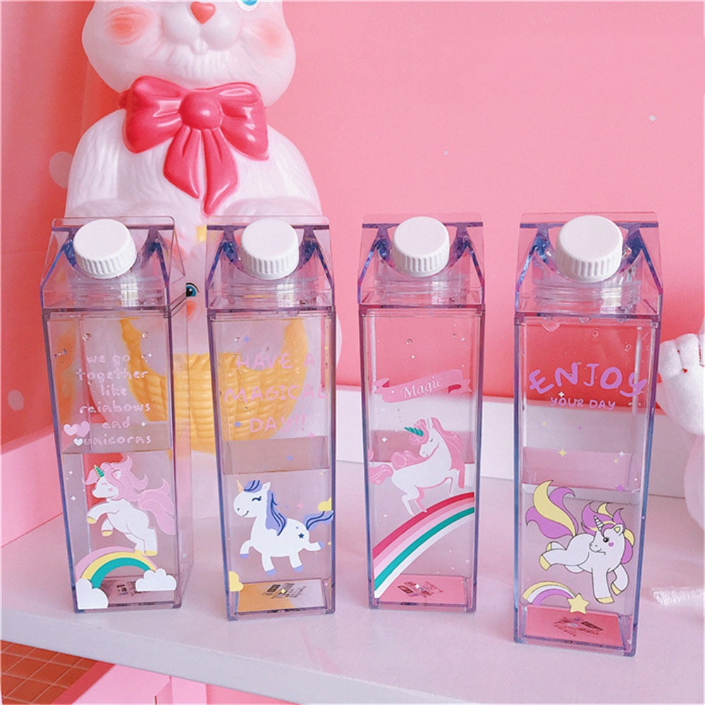 Cartoon Water Bottles Milk Box Shape Plastic Cups Students Cute Pink Panther Drink Bottle for Juice Coffee Tea Drinkware - dianjiang-