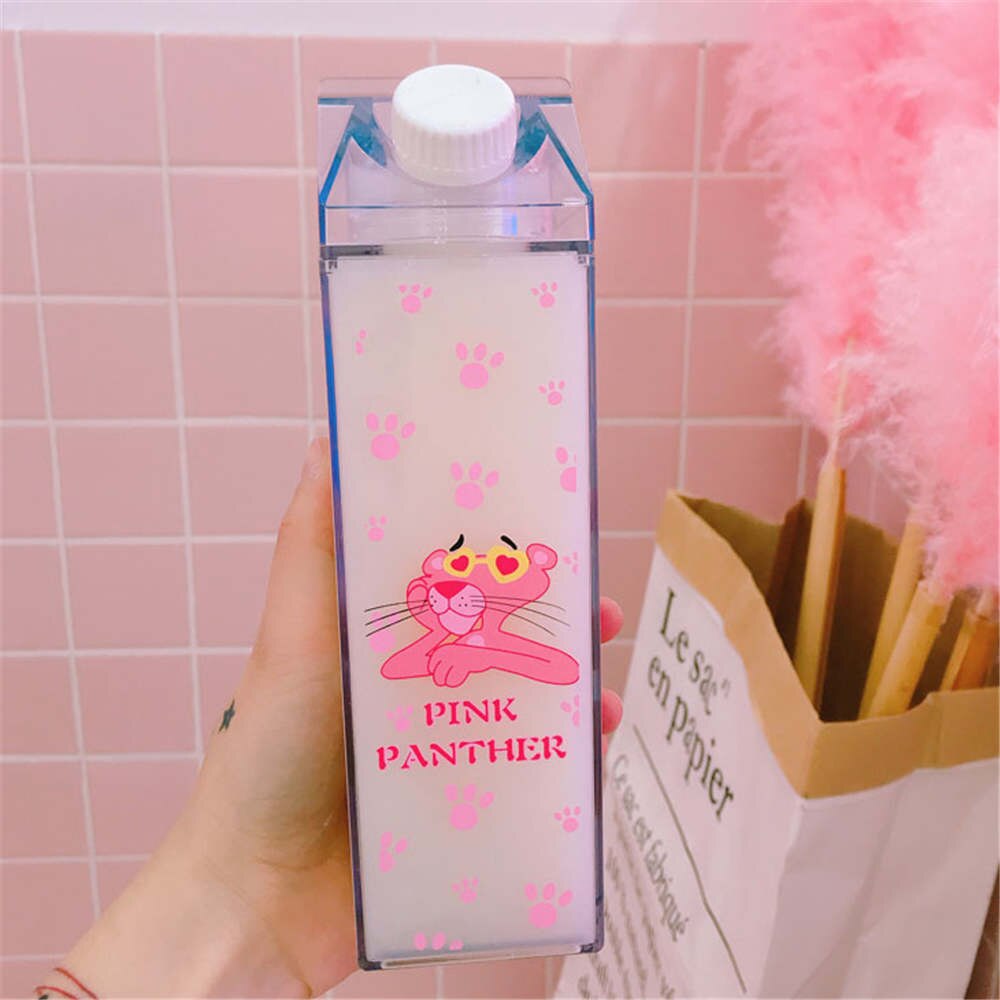 Cartoon Water Bottles Milk Box Shape Plastic Cups Students Cute Pink Panther Drink Bottle for Juice Coffee Tea Drinkware - dianjiang-