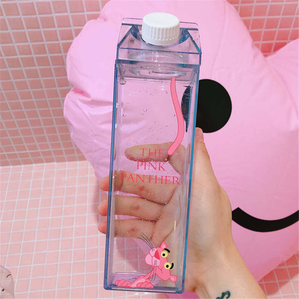 Cartoon Water Bottles Milk Box Shape Plastic Cups Students Cute Pink Panther Drink Bottle for Juice Coffee Tea Drinkware - dianjiang-