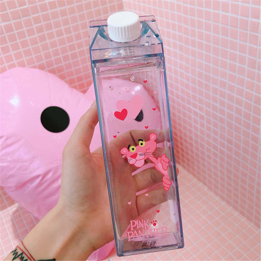 Cartoon Water Bottles Milk Box Shape Plastic Cups Students Cute Pink Panther Drink Bottle for Juice Coffee Tea Drinkware - dianjiang-