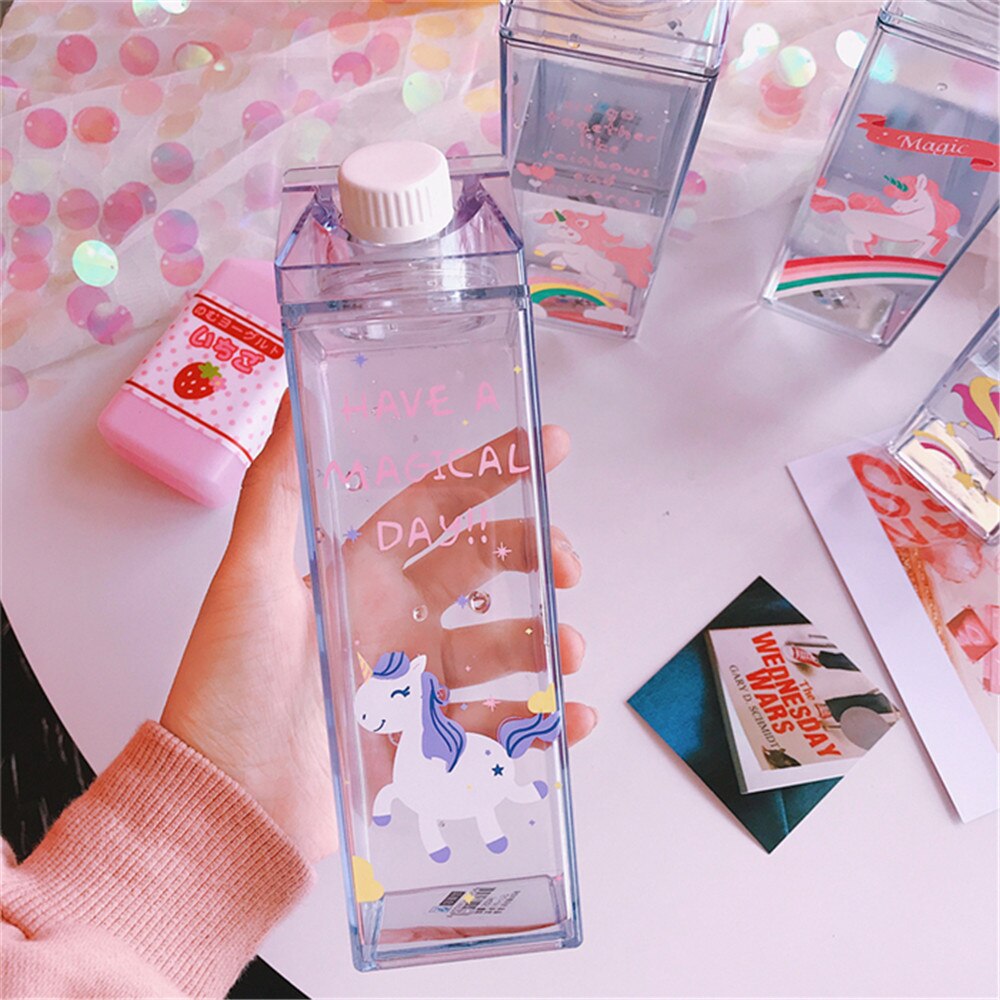 Cartoon Water Bottles Milk Box Shape Plastic Cups Students Cute Pink Panther Drink Bottle for Juice Coffee Tea Drinkware - dianjiang-