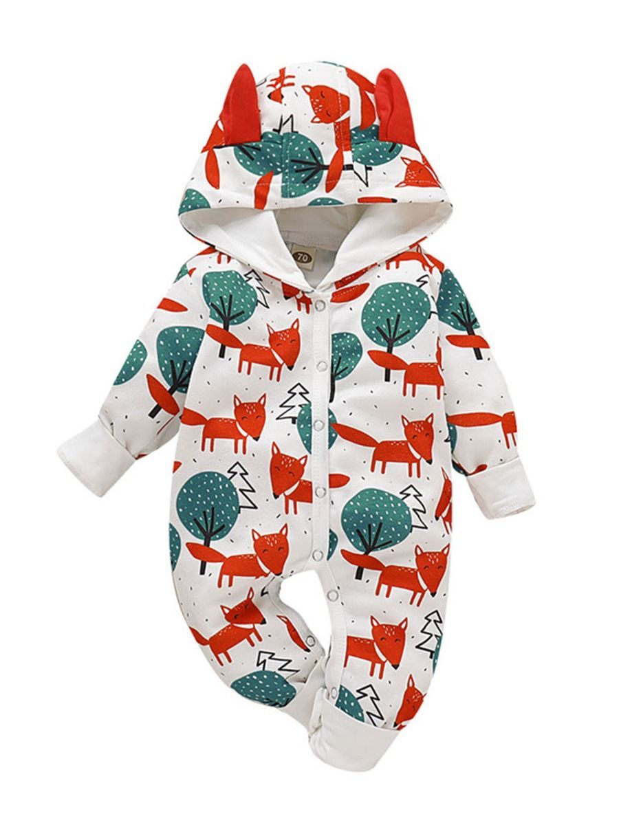 Cute Baby Fox & Tree/Heart Cartoon Hooded With Ears Autumn Jumpsuit One Piece Bodysuit - dianjiang-