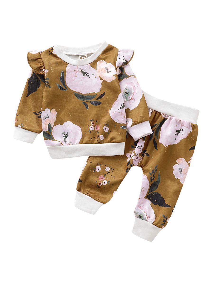 Casual Autumn 2-Piece Flutter Sleeve Flower Top & Pants Set - dianjiang-