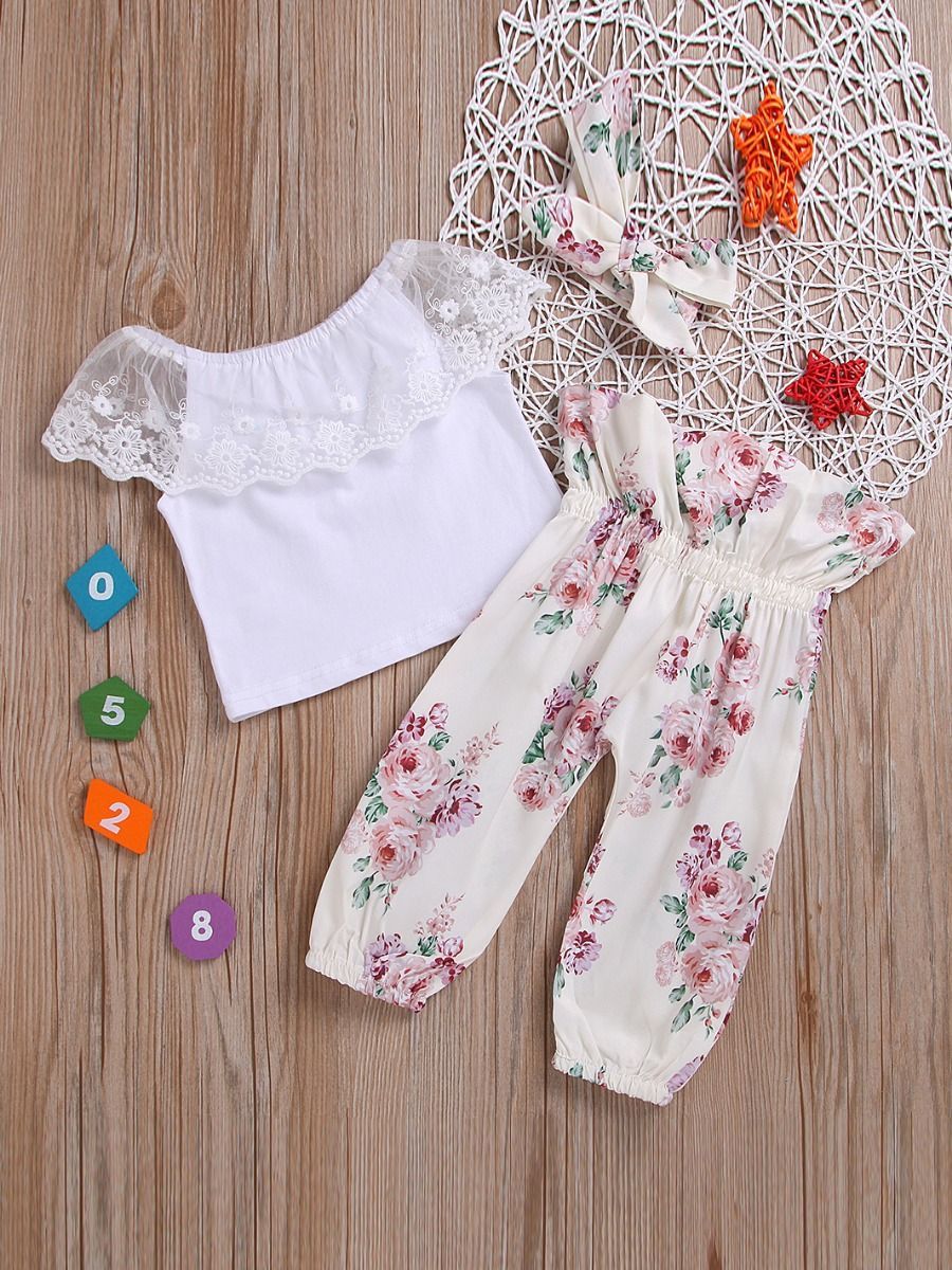 Casual Outing Clothes Outfits Set Flower Lace Collar White T-shirt+ Floral High-waisted Trousers+Headband - dianjiang-