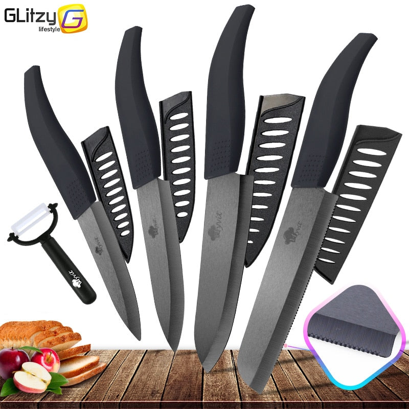 Ceramic Knife 3 4 5 inch + 6 inch Kitchen Knives Serrated Bread Set +Peeler Zirconia Black Blade Fruit Chef Knife Vege Cook Tool - dianjiang-