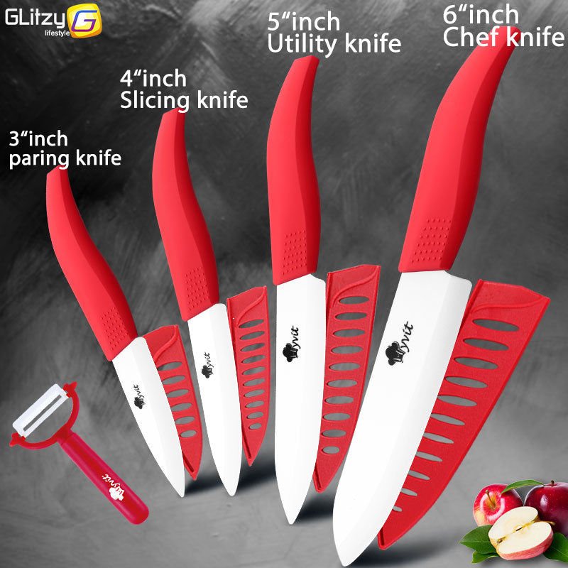 Ceramic Knife 3 4 5 inch + 6 inch Kitchen Knives Serrated Bread Set +Peeler Zirconia Black Blade Fruit Chef Knife Vege Cook Tool - dianjiang-