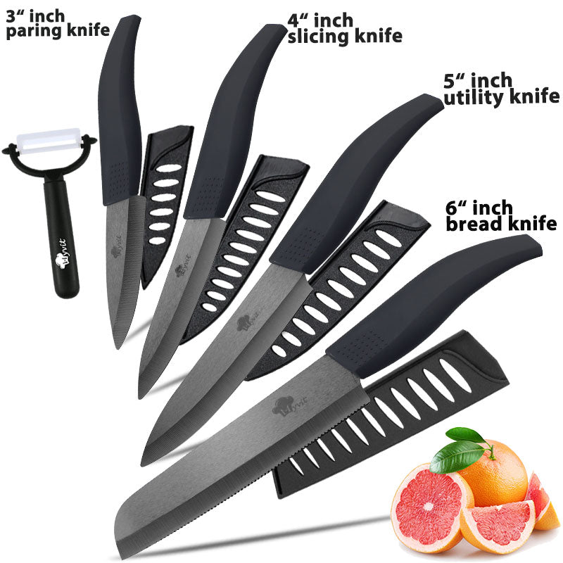 Ceramic Knife 3 4 5 inch + 6 inch Kitchen Knives Serrated Bread Set +Peeler Zirconia Black Blade Fruit Chef Knife Vege Cook Tool - dianjiang-