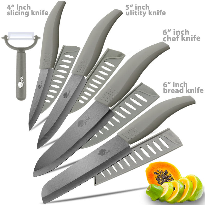 Ceramic Knife 3 4 5 inch + 6 inch Kitchen Knives Serrated Bread Set +Peeler Zirconia Black Blade Fruit Chef Knife Vege Cook Tool - dianjiang-