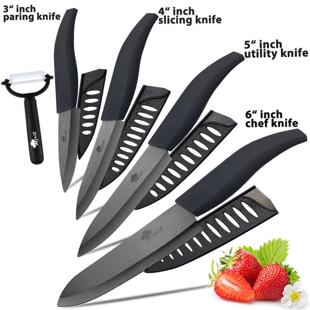 Ceramic Knife 3 4 5 inch + 6 inch Kitchen Knives Serrated Bread Set +Peeler Zirconia Black Blade Fruit Chef Knife Vege Cook Tool - dianjiang-