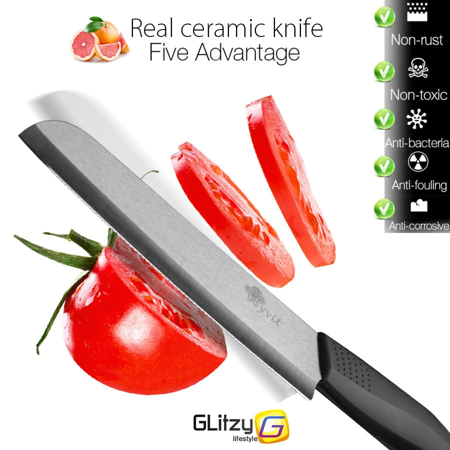 Ceramic Knife 3 4 5 inch + 6 inch Kitchen Knives Serrated Bread Set +Peeler Zirconia Black Blade Fruit Chef Knife Vege Cook Tool - dianjiang-