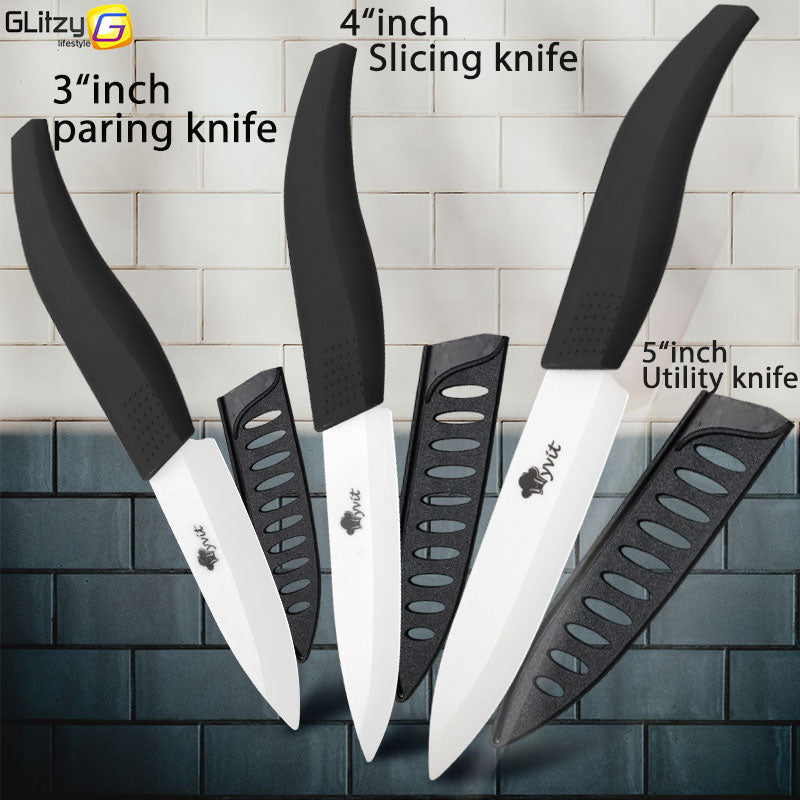 Ceramic Knife 3 4 5 inch + 6 inch Kitchen Knives Serrated Bread Set +Peeler Zirconia Black Blade Fruit Chef Knife Vege Cook Tool - dianjiang-