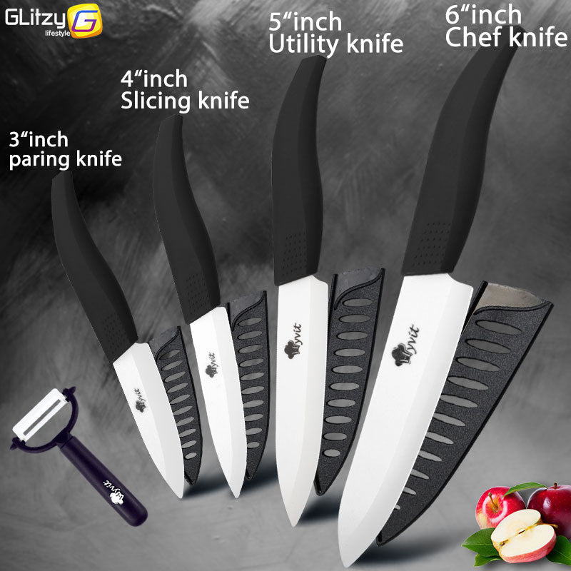 Ceramic Knife 3 4 5 inch + 6 inch Kitchen Knives Serrated Bread Set +Peeler Zirconia Black Blade Fruit Chef Knife Vege Cook Tool - dianjiang-