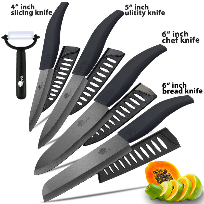 Ceramic Knife 3 4 5 inch + 6 inch Kitchen Knives Serrated Bread Set +Peeler Zirconia Black Blade Fruit Chef Knife Vege Cook Tool - dianjiang-