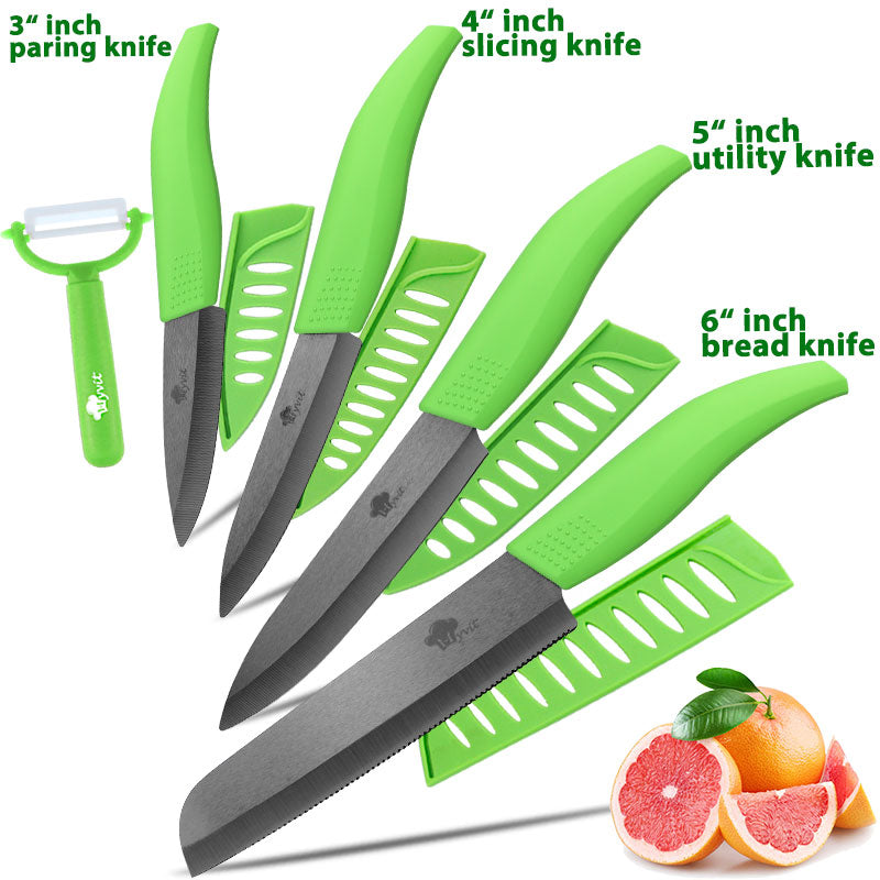 Ceramic Knife 3 4 5 inch + 6 inch Kitchen Knives Serrated Bread Set +Peeler Zirconia Black Blade Fruit Chef Knife Vege Cook Tool - dianjiang-