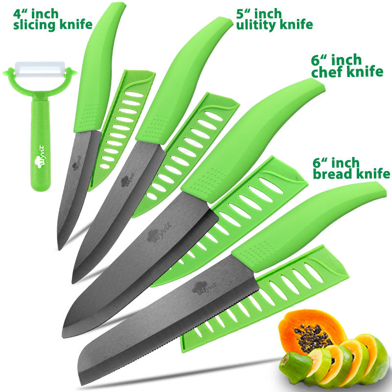 Ceramic Knife 3 4 5 inch + 6 inch Kitchen Knives Serrated Bread Set +Peeler Zirconia Black Blade Fruit Chef Knife Vege Cook Tool - dianjiang-