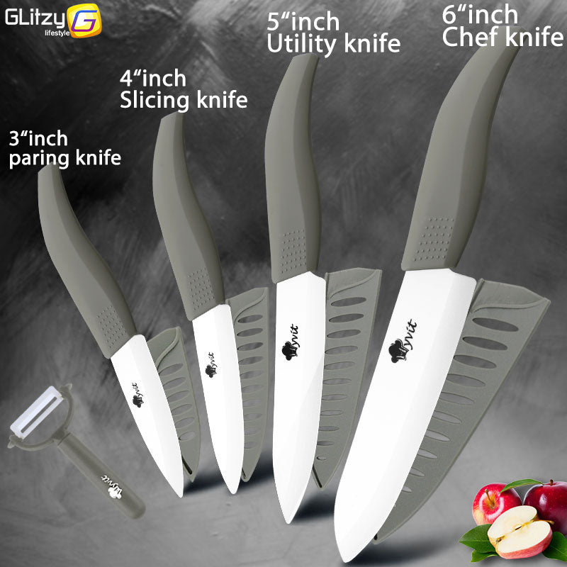 Ceramic Knife 3 4 5 inch + 6 inch Kitchen Knives Serrated Bread Set +Peeler Zirconia Black Blade Fruit Chef Knife Vege Cook Tool - dianjiang-