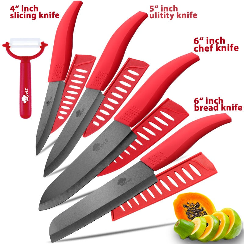 Ceramic Knife 3 4 5 inch + 6 inch Kitchen Knives Serrated Bread Set +Peeler Zirconia Black Blade Fruit Chef Knife Vege Cook Tool - dianjiang-