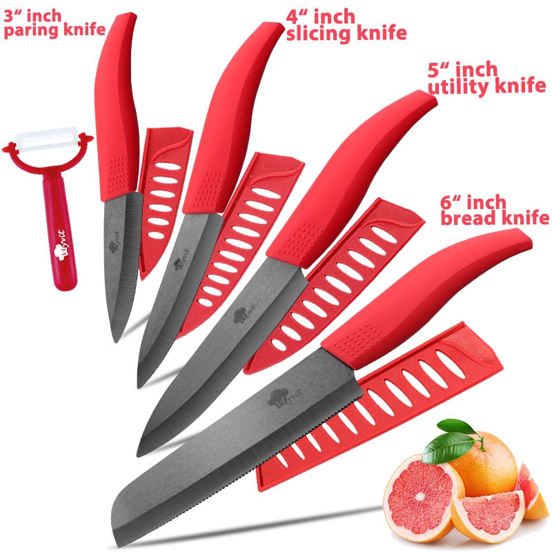 Ceramic Knife 3 4 5 inch + 6 inch Kitchen Knives Serrated Bread Set +Peeler Zirconia Black Blade Fruit Chef Knife Vege Cook Tool - dianjiang-