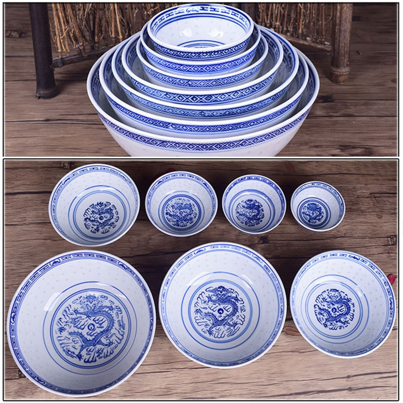 Chinese Dragon Fine Porcelain Blue and White Rice Pattern Bowls Cereal Bowls Rice Bowls Jingdezhen China Soup Bowl Fruit Bowl - dianjiang-