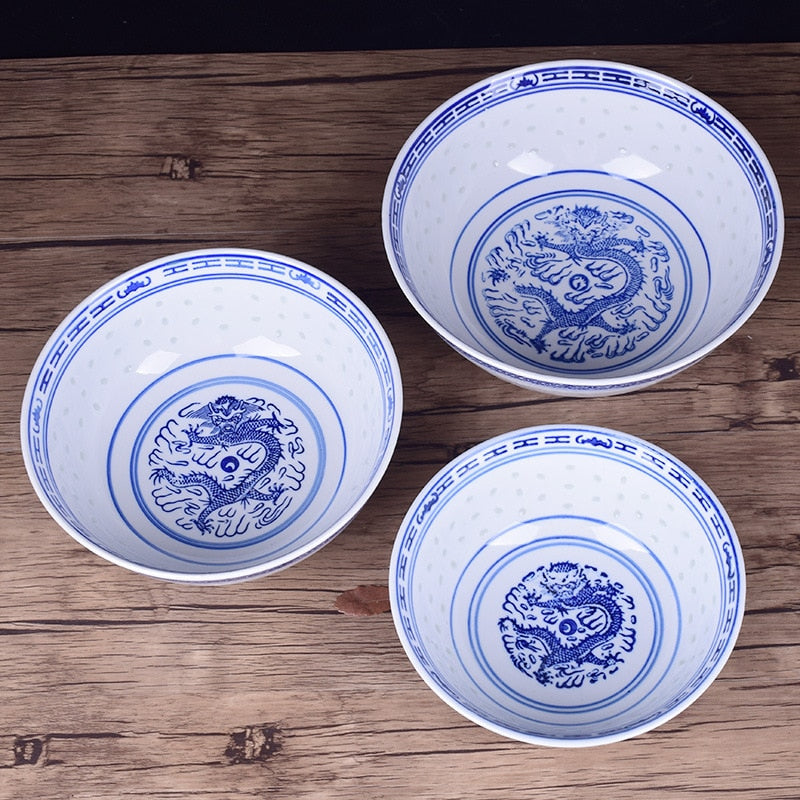 Chinese Dragon Fine Porcelain Blue and White Rice Pattern Bowls Cereal Bowls Rice Bowls Jingdezhen China Soup Bowl Fruit Bowl - dianjiang-