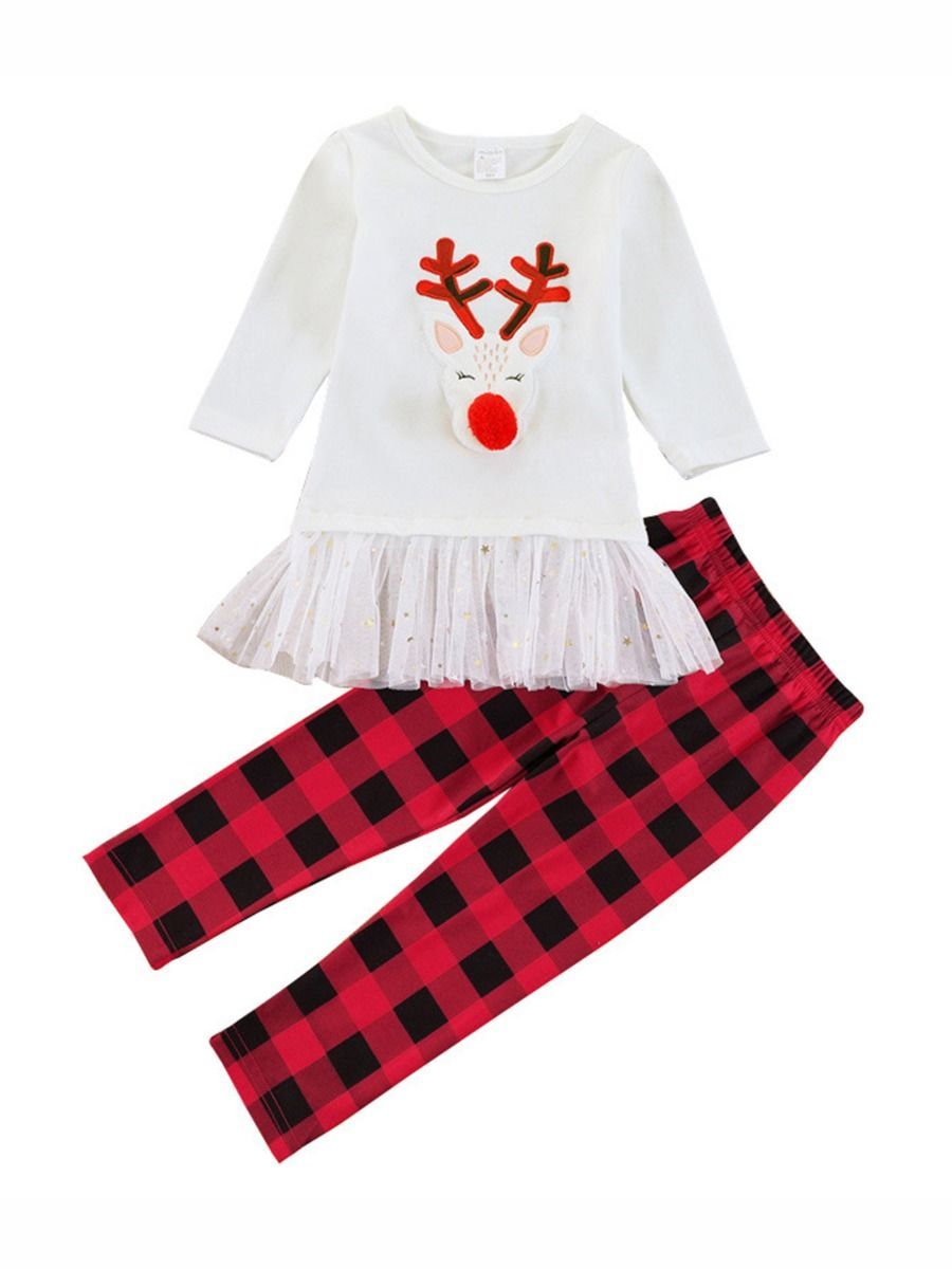 Christmas 2-Piece Set Deer Mesh Patchwork Top & Checked Pants - dianjiang-