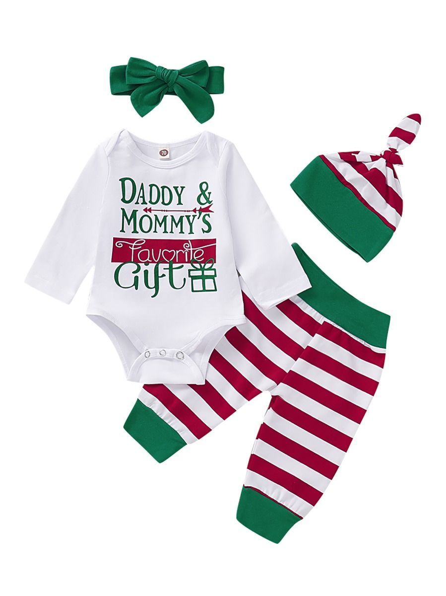 Christmas Baby 4-Piece Set Daddy Mommy's Favorite Gift Romper+Pants+Hat+Headband - dianjiang-