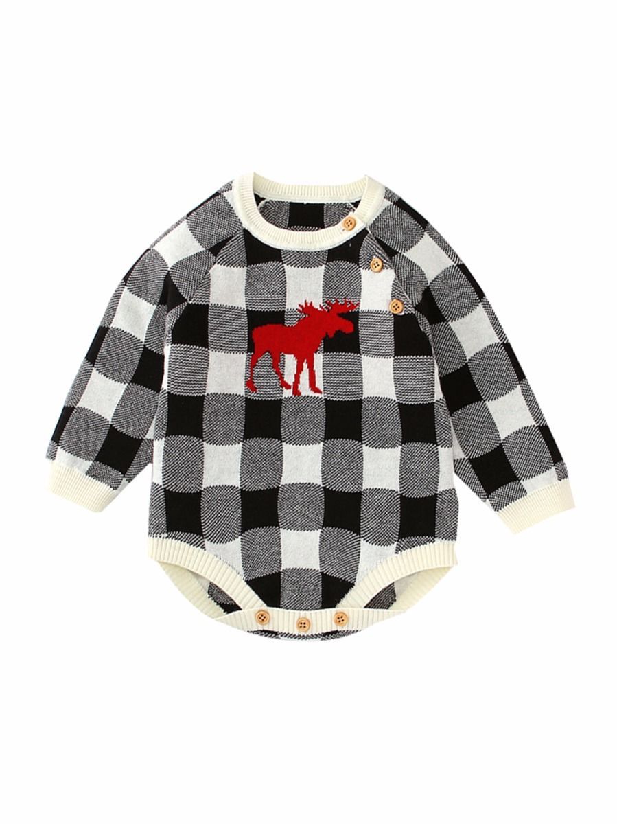 Christmas Baby Unisex Deer Checked Crochet Bodysuit - dianjiang-