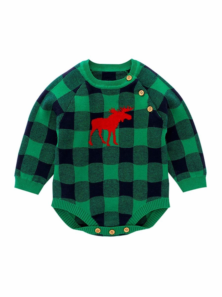 Christmas Baby Unisex Deer Checked Crochet Bodysuit - dianjiang-