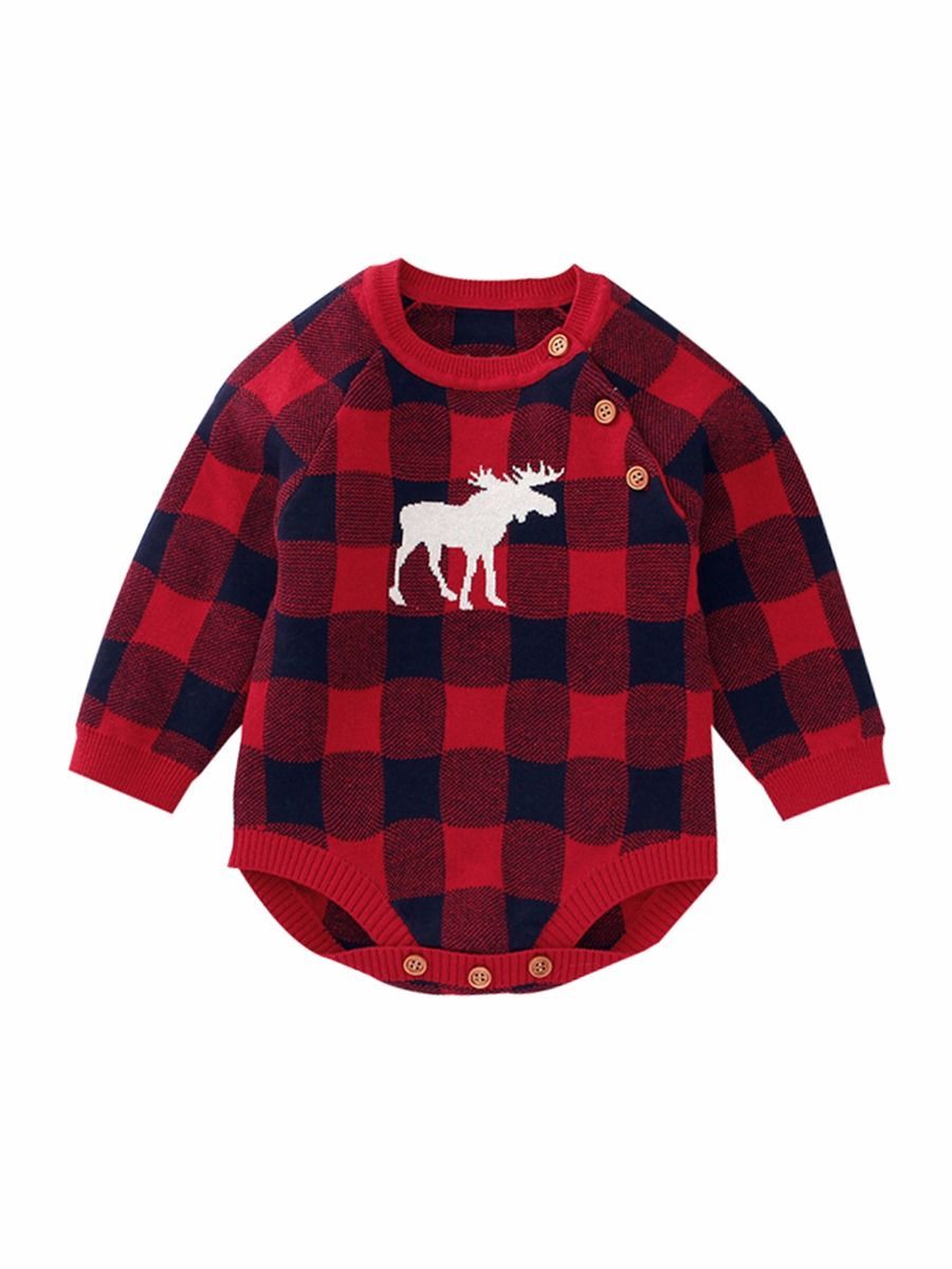 Christmas Baby Unisex Deer Checked Crochet Bodysuit - dianjiang-