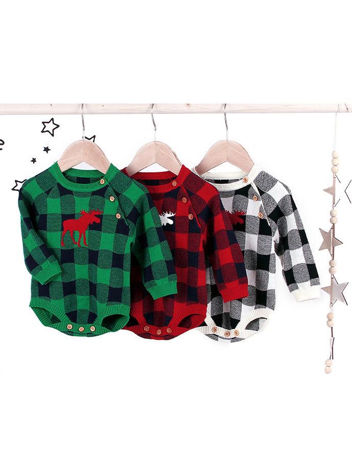 Christmas Baby Unisex Deer Checked Crochet Bodysuit - dianjiang-