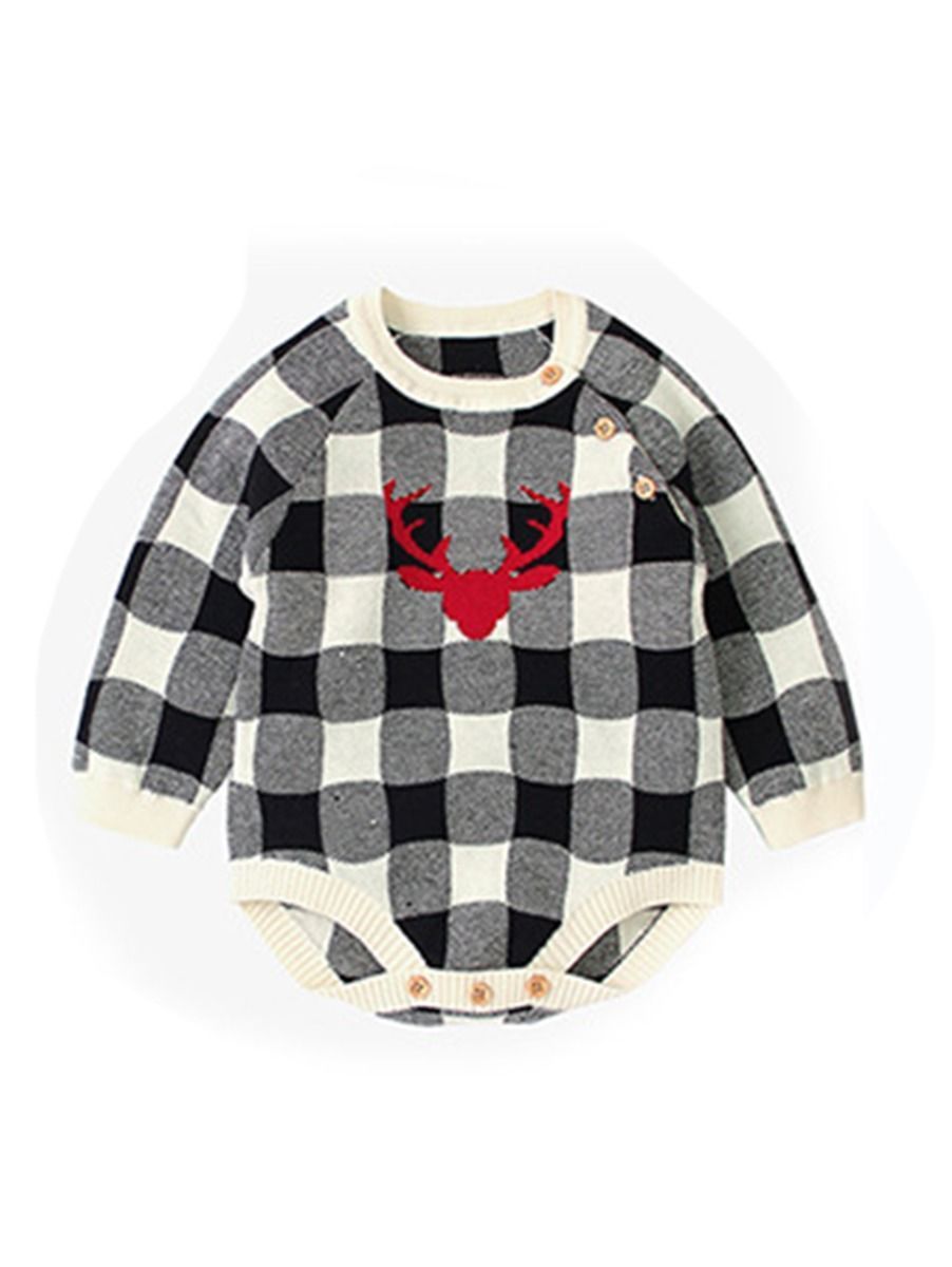 Christmas Deer Color Blocking Baby Knit crochet plaid Onesie - dianjiang-