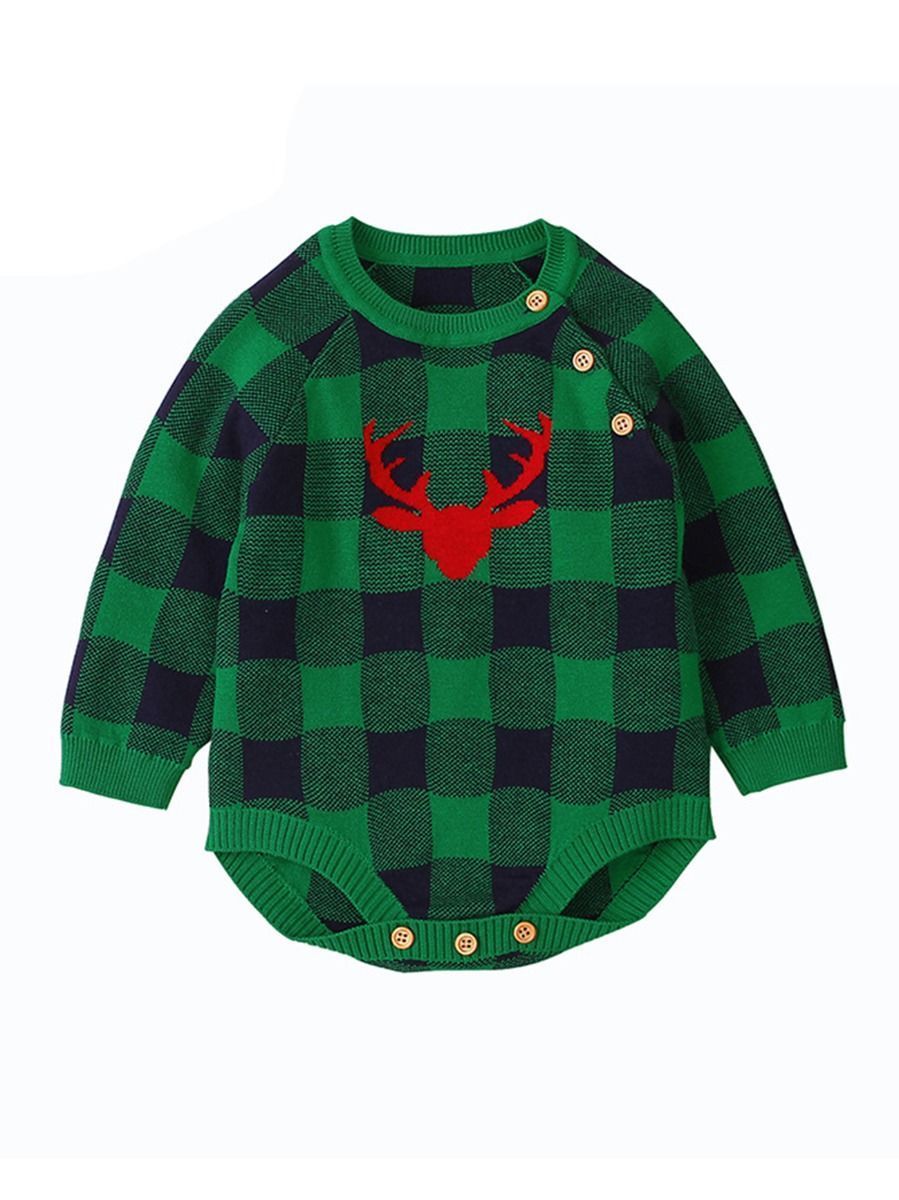Christmas Deer Color Blocking Baby Knit crochet plaid Onesie - dianjiang-
