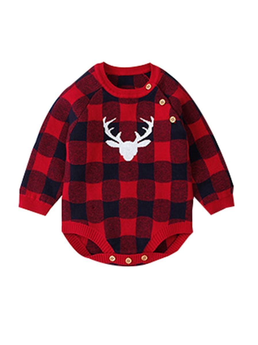 Christmas Deer Color Blocking Baby Knit crochet plaid Onesie - dianjiang-