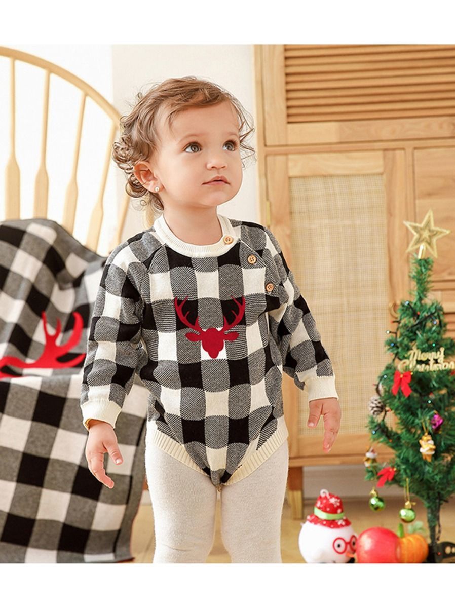 Christmas Deer Color Blocking Baby Knit crochet plaid Onesie - dianjiang-
