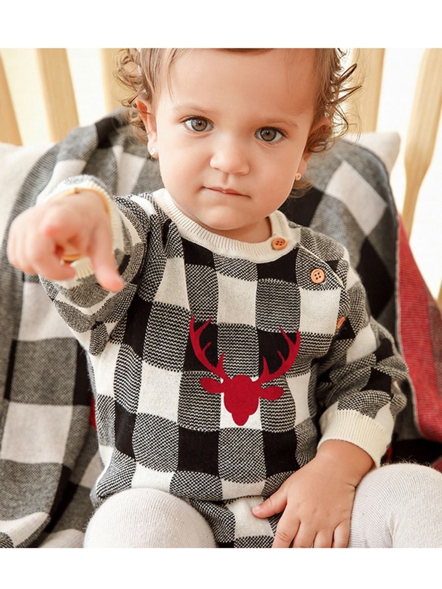Christmas Deer Color Blocking Baby Knit crochet plaid Onesie - dianjiang-