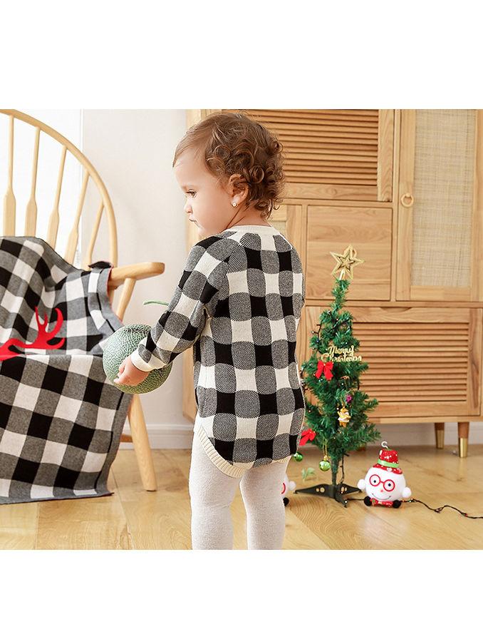 Christmas Deer Color Blocking Baby Knit crochet plaid Onesie - dianjiang-