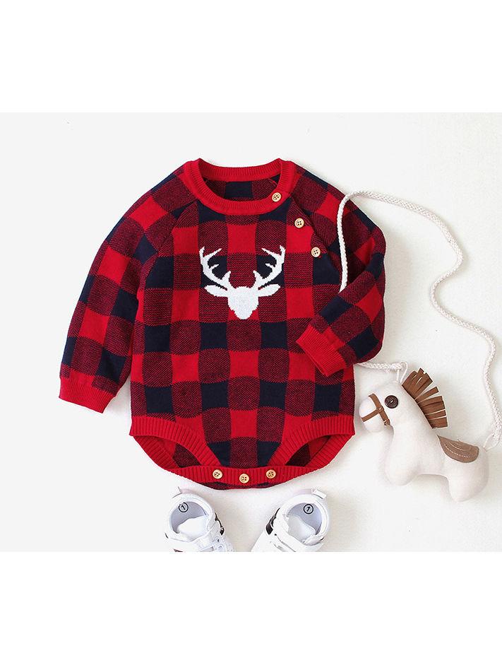 Christmas Deer Color Blocking Baby Knit crochet plaid Onesie - dianjiang-
