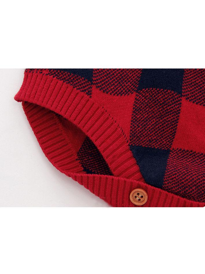 Christmas Deer Color Blocking Baby Knit crochet plaid Onesie - dianjiang-