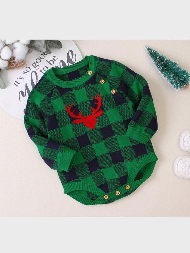 Christmas Deer Color Blocking Baby Knit crochet plaid Onesie - dianjiang-